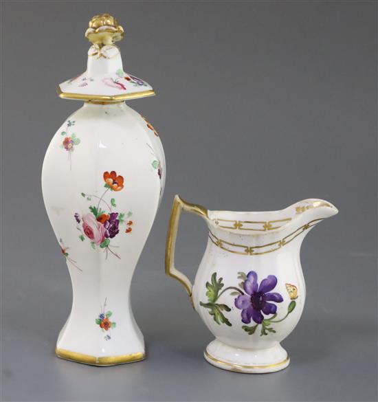 A Rockingham porcelain Royal Botanical Plants & Flies milk jug and a hexagonal baluster vase and cover, c.1830, H. 10.7 and 12.3cm, fau